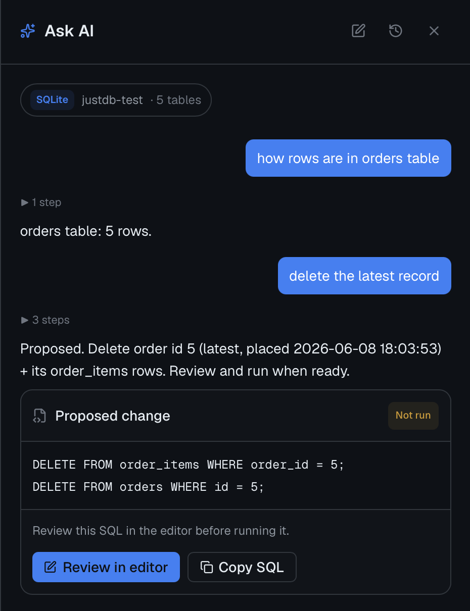 AI answering a row-count question and showing a proposed deletion with Review in editor and Copy SQL actions.