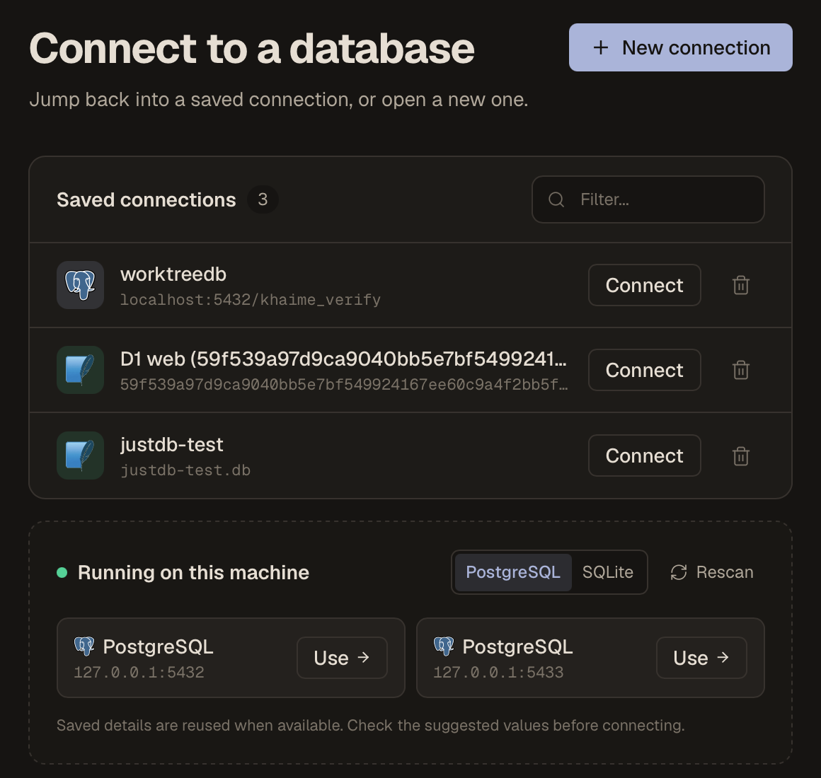 Saved database connections and two locally detected PostgreSQL servers.