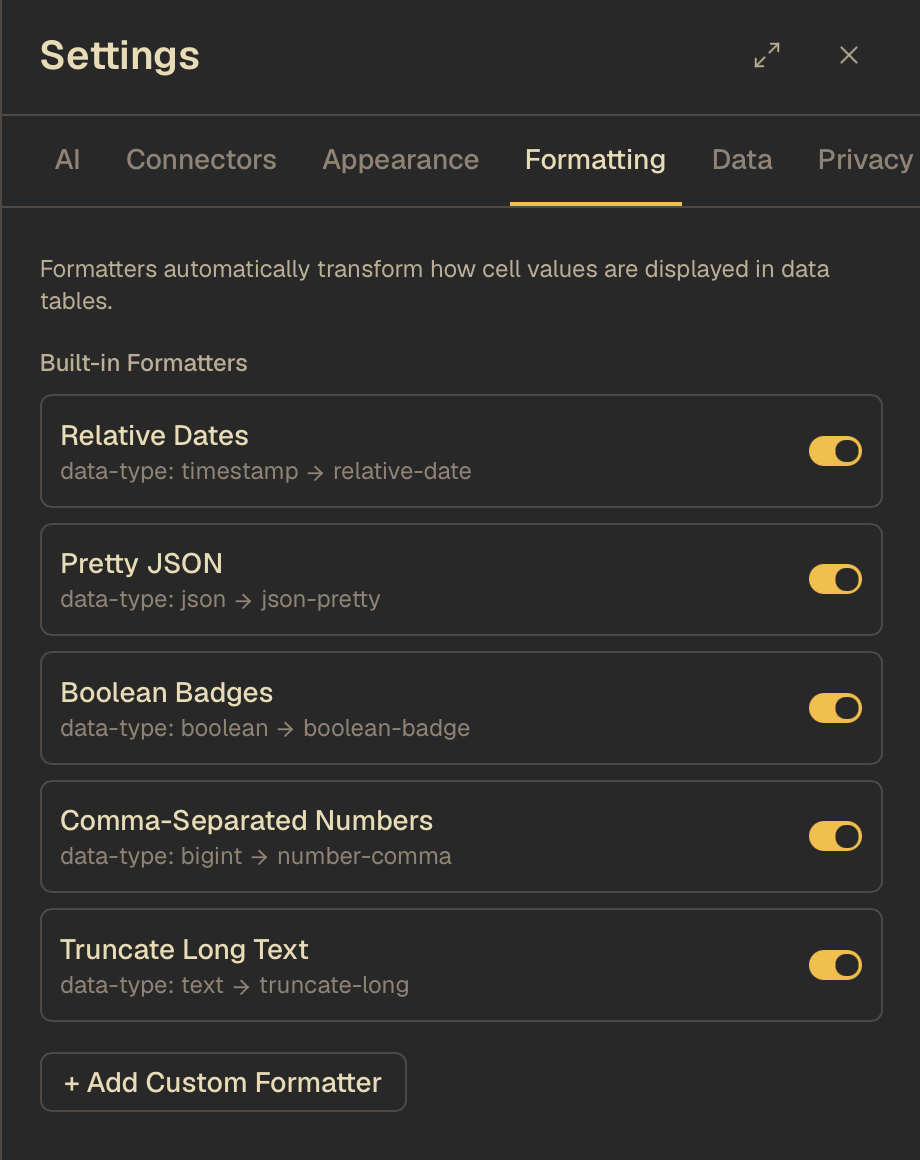 Formatting settings with controls for dates, JSON, booleans, numbers, and long text.