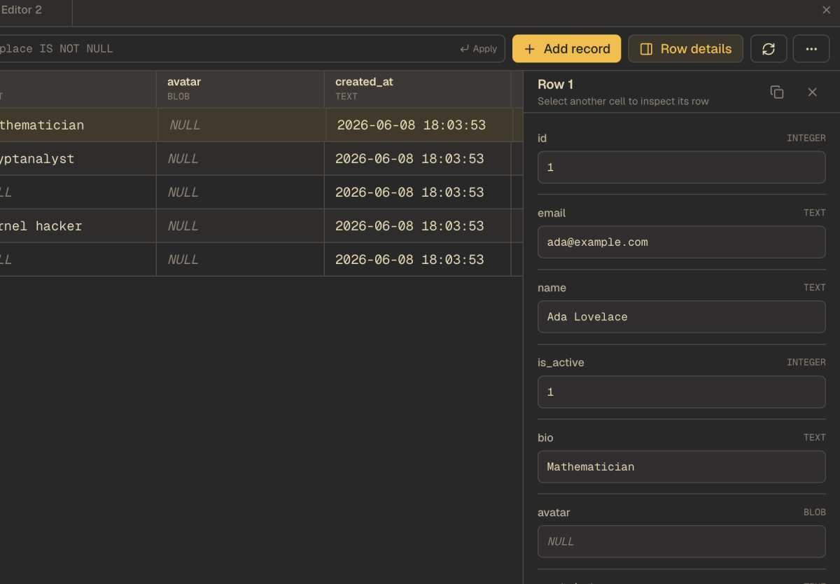 A selected database record displayed in JustDB’s row details panel.