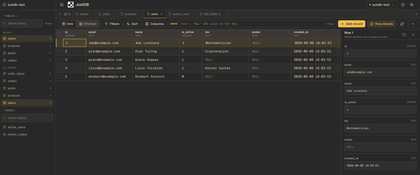 JustDB browsing sample users with a selected record open in the row inspector.